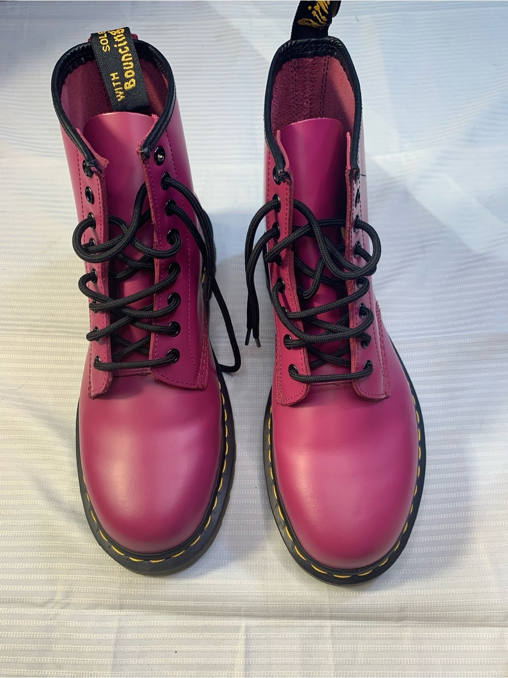 Dr. Martens Magenta Lace-Up Combat Boots with Yellow Stitching. W10 M9